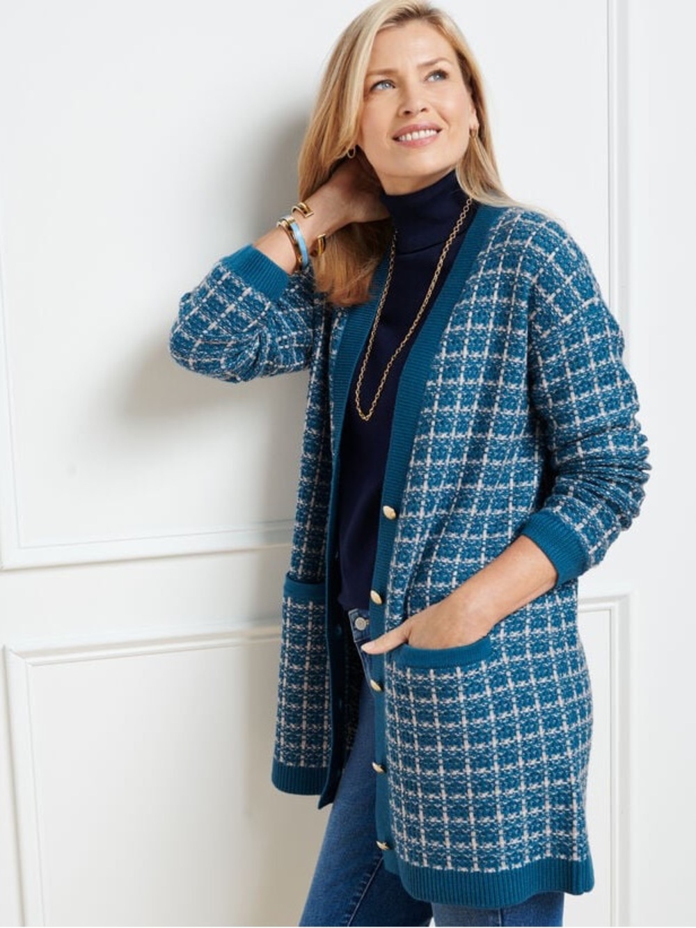 Talbots MERINO WOOL V-NECK CARDIGAN - TEXTURE PLAID size xs
